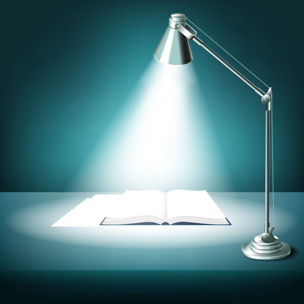 Opened book on table with desk lamp. Textbook literature, study and light, illuminated work place, vector illustration